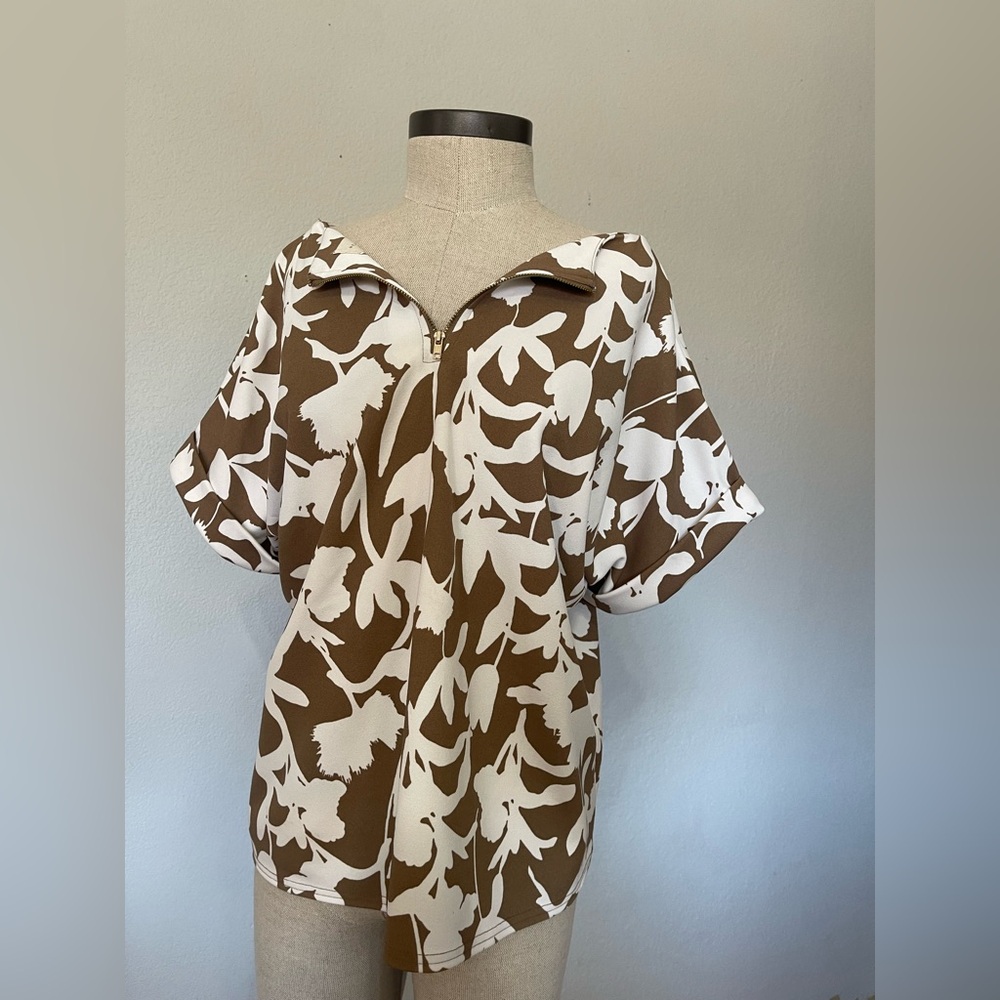 Melloday Brown White Floral Half-Zip Blouse Top | XL | Flowy & Chic